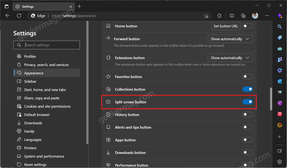 show or hide split screen button in microsoft edge toolbar