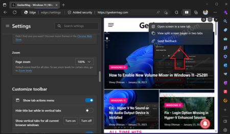 how to split two tabs in one screen