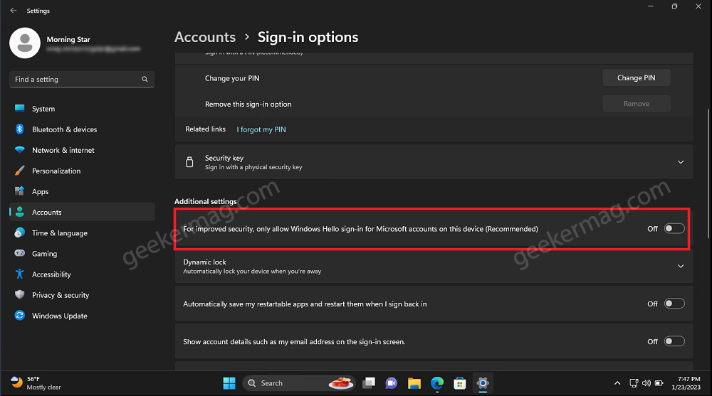 For improved security, only Windows Hello Sign-in for Microsoft accounts on this device 