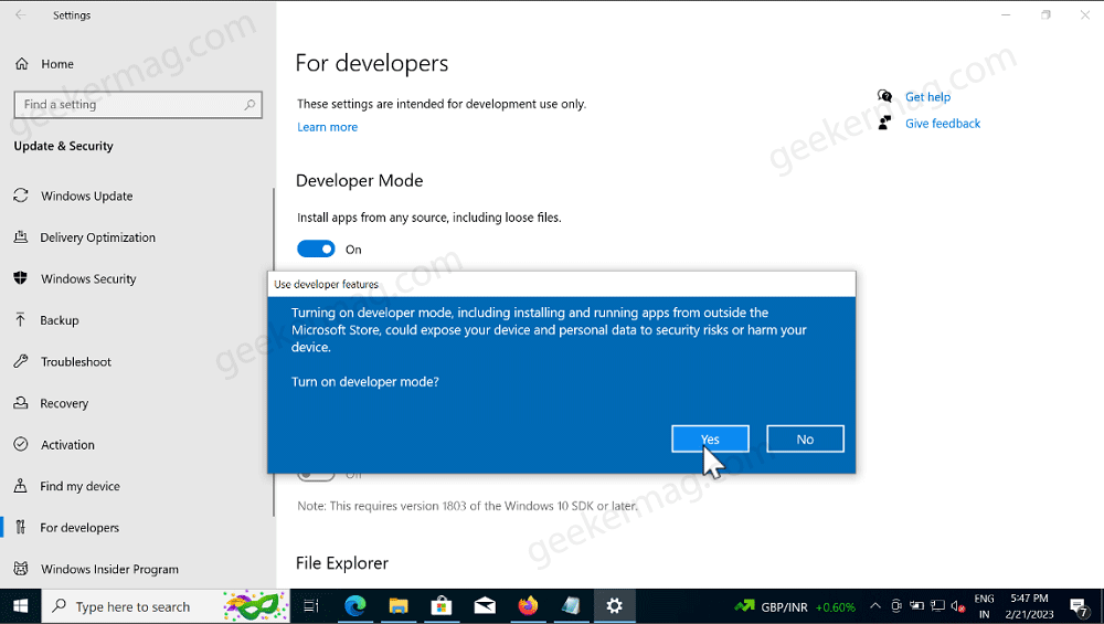 enable developer mode in windows 10