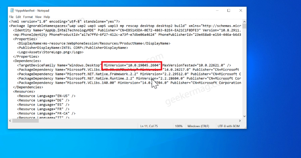 modify miniversion in appmanifest in windows 10