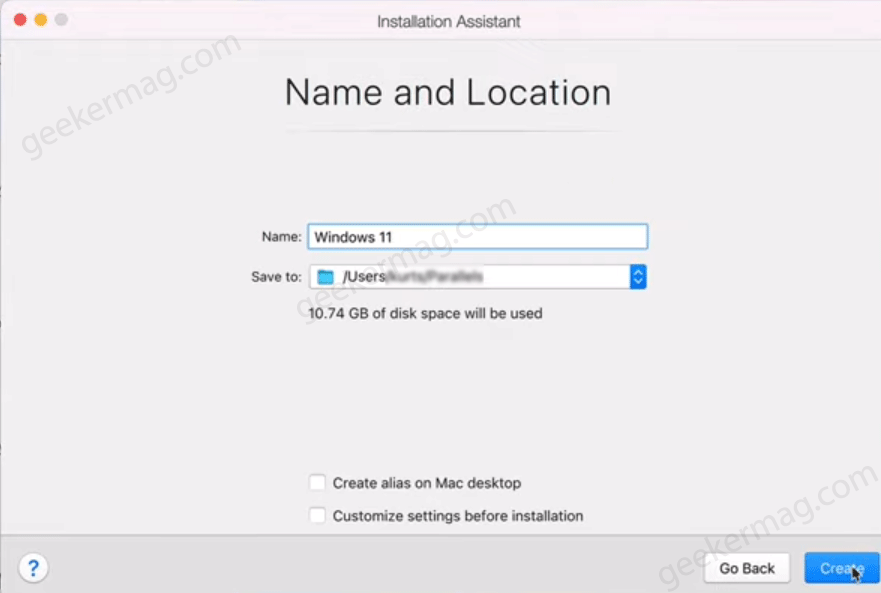 select name and location where you want to install windows 11 on mac