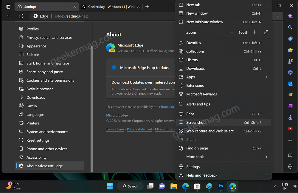 Screenshot option in microsoft edge settings menu