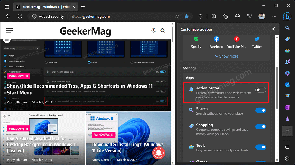 show or hide microsoft edge action center app 