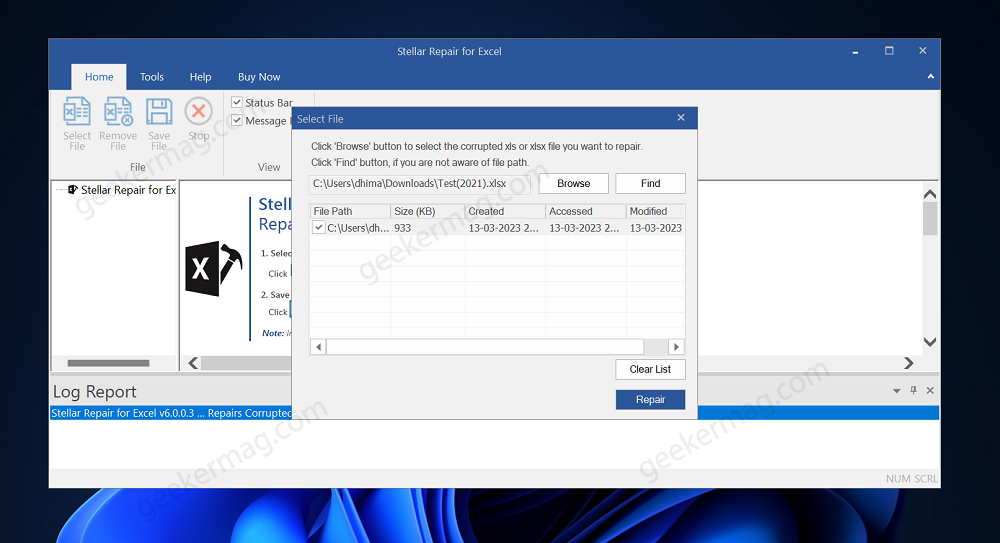 Click On Repair to repair corrupt excel file
