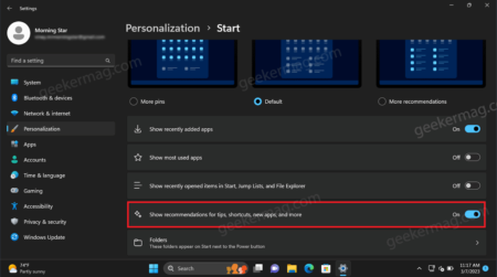 Show/Hide Recommended Tips, Apps & Shortcuts in Windows 11 Start Menu
