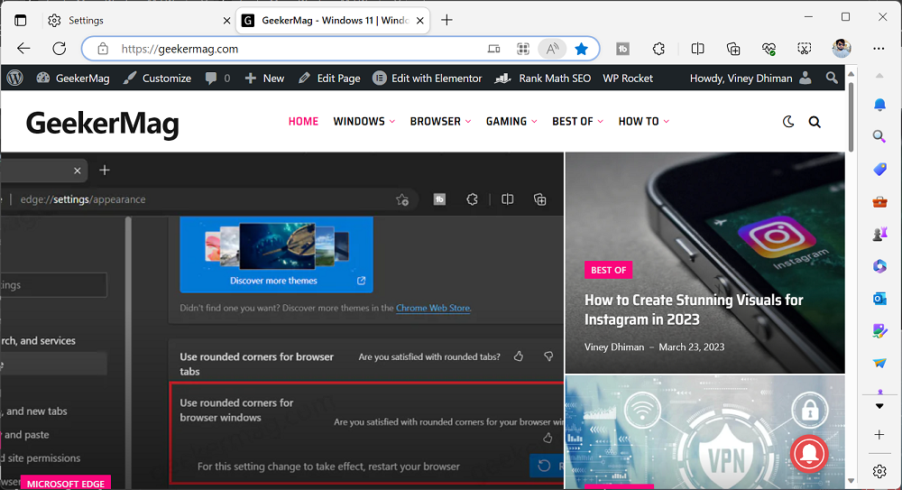 Microsoft Edge tabs with rounded corners