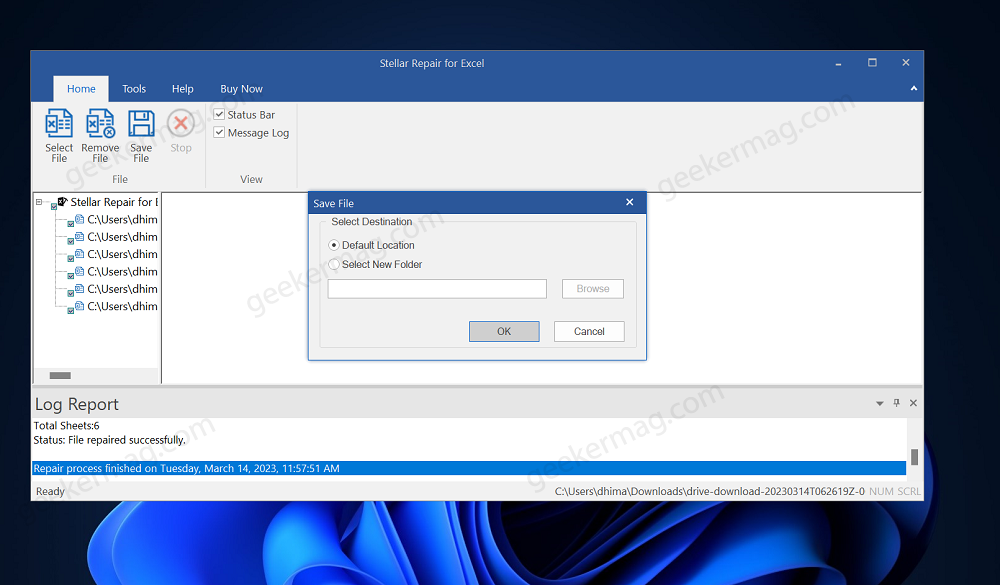 Select Destination to Save Repaired Excel File