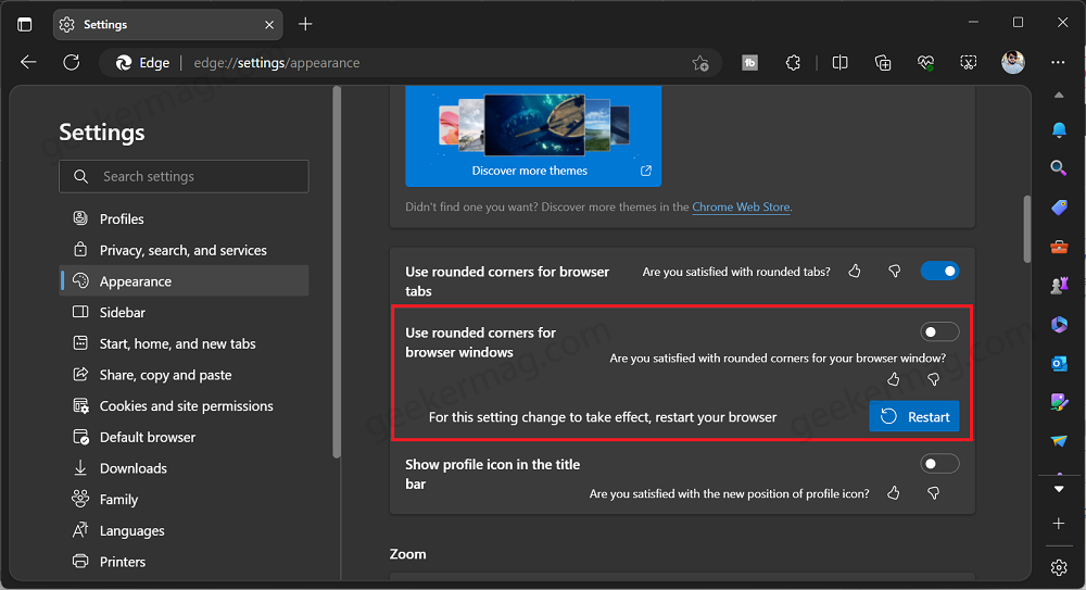 Enable or DIsable Use rounded corners for browser windows in Microsoft edge