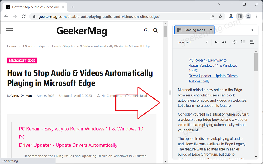 Reader mode in side panel of google chrome