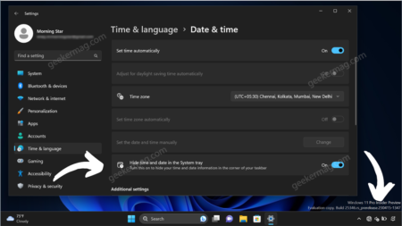 How to Hide Time & Date in Windows 11 Taskbar (System tray)