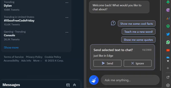 Send selected text to chat - microsoft edge