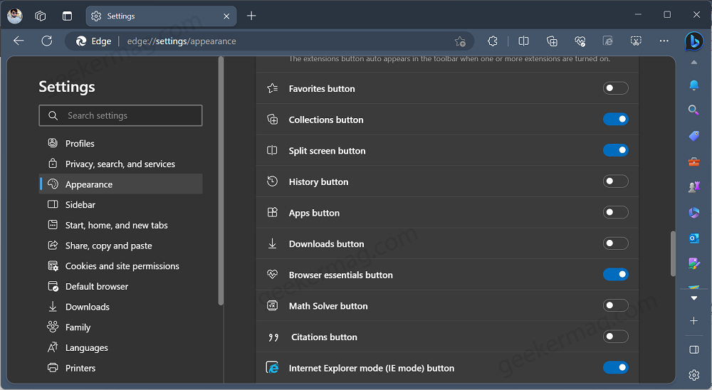 Show or Hide Browser Essentials on Edge Toolbar
