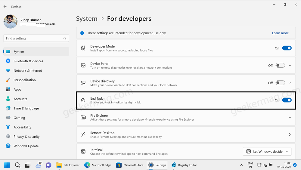 Enable end task in taskbar by right-click in windows 11