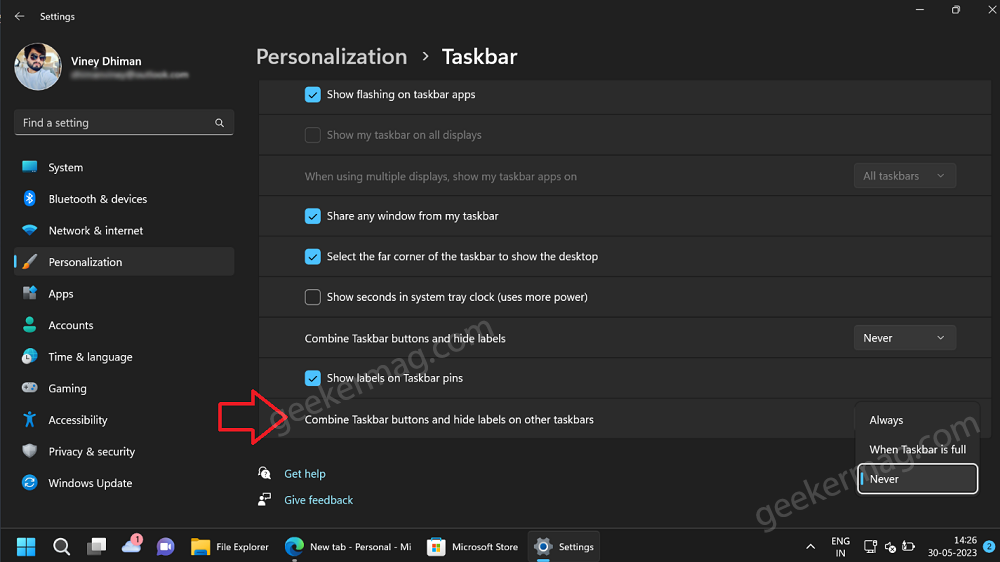 Combine Taskbar button and hide labels on other Taskbar