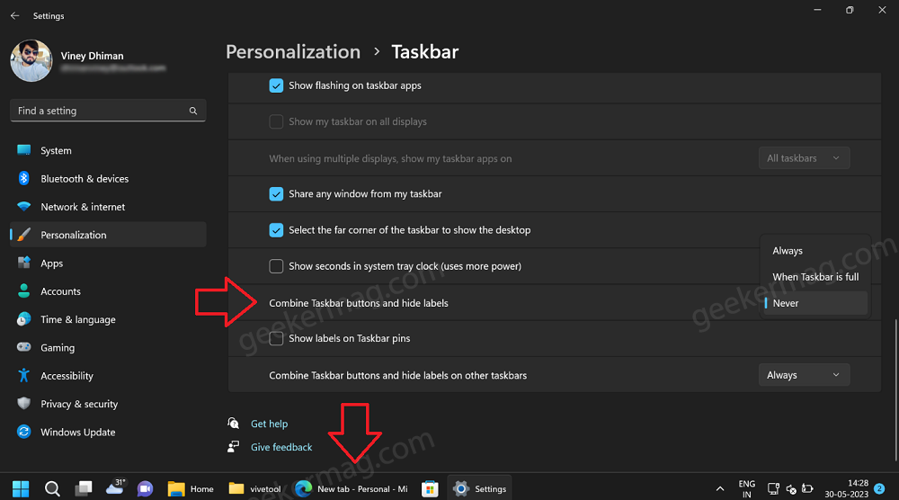 Combine Taskbar buttons and hide labels