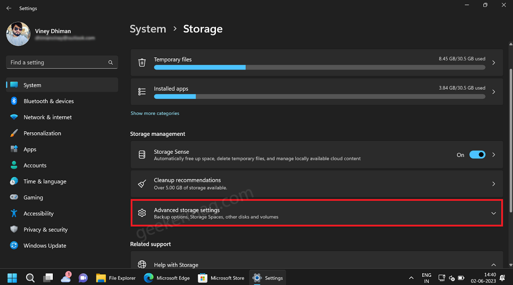 advance storage settings in windows 11