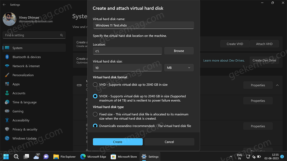 create and attach virtual hard disk option in in windows 11 settings