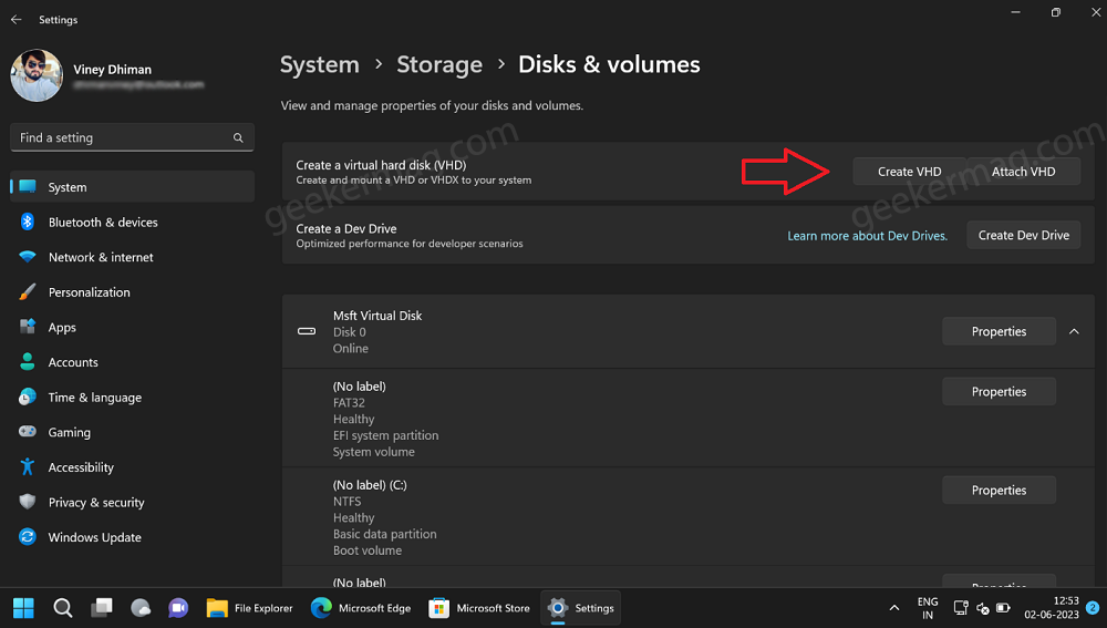 create virtual hard disk option VHD option in Windows 11 Settings 