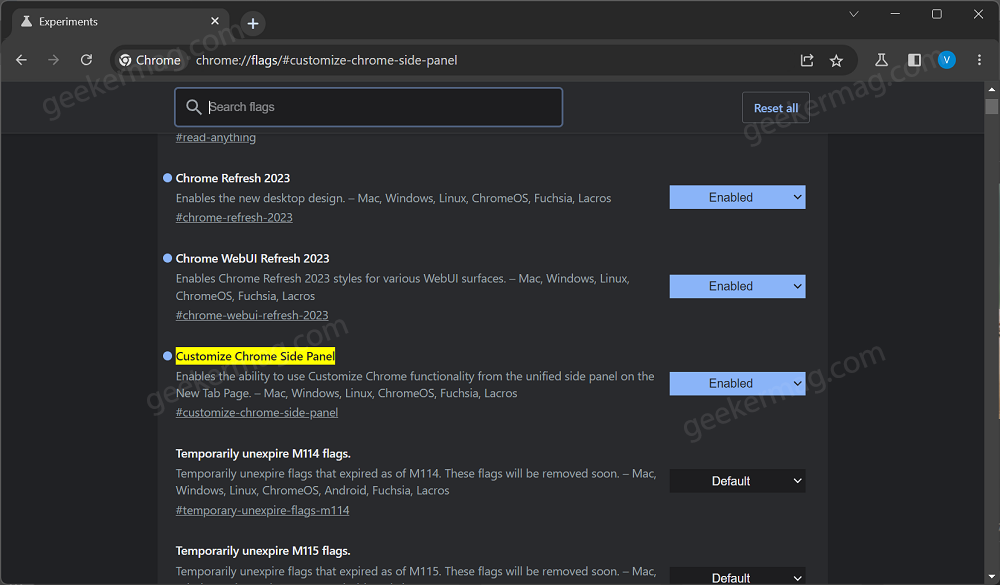 Customize Chrome Side panel flag in chrome