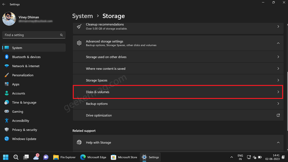disk and volumes option in the settings app in windows 11