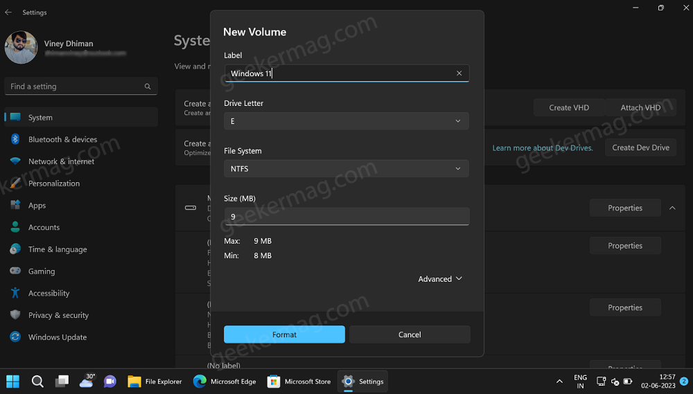 format virtual drive vhd in windows 11 settings