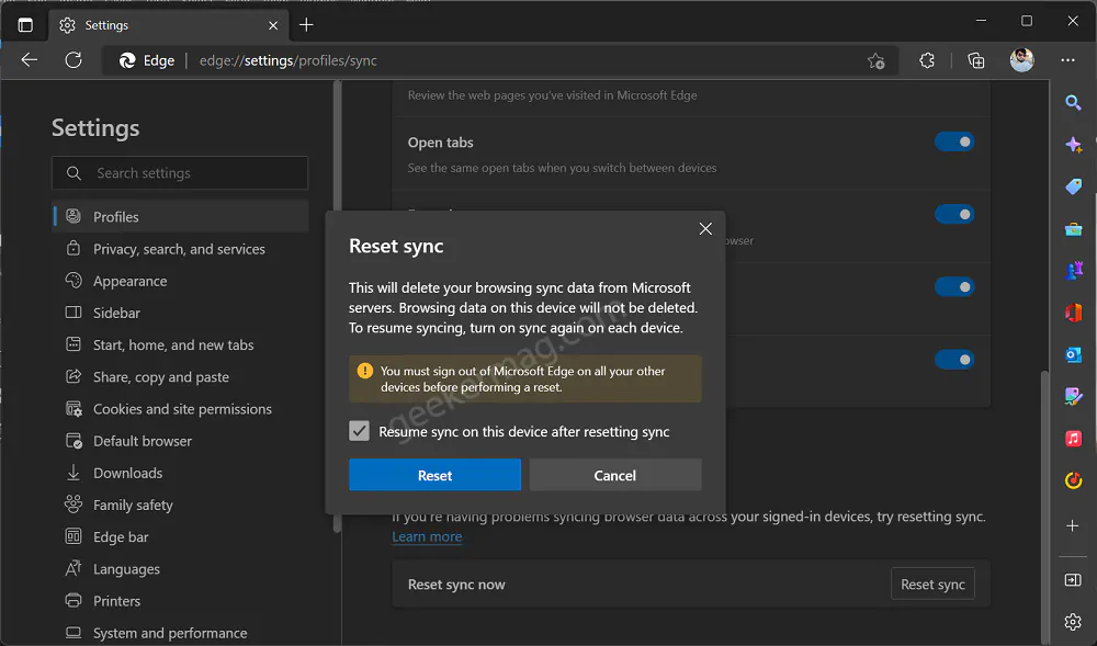 Microsoft edge reset sync option