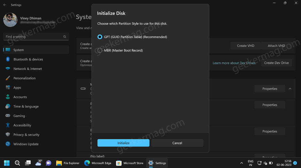 initialize disk when creating vhd in windows 11
