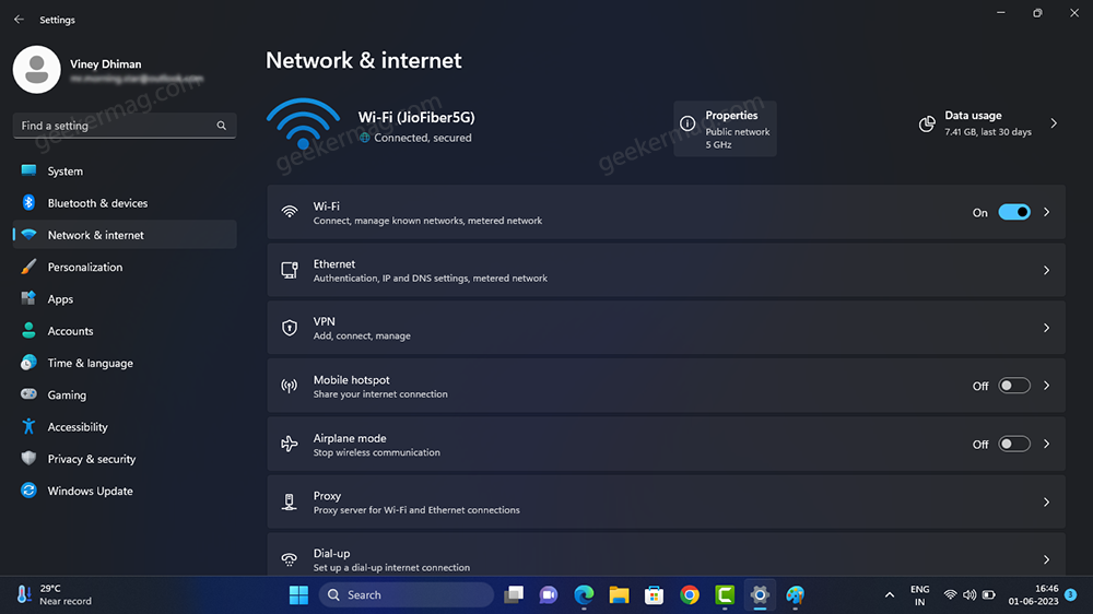 network and internet settings page in windows 11