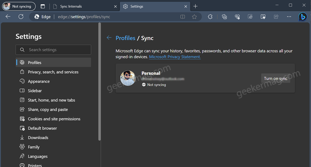 turn on sync again in microsoft edge