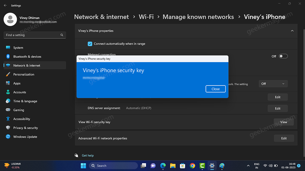 view password of particular wifi connection in windows 11