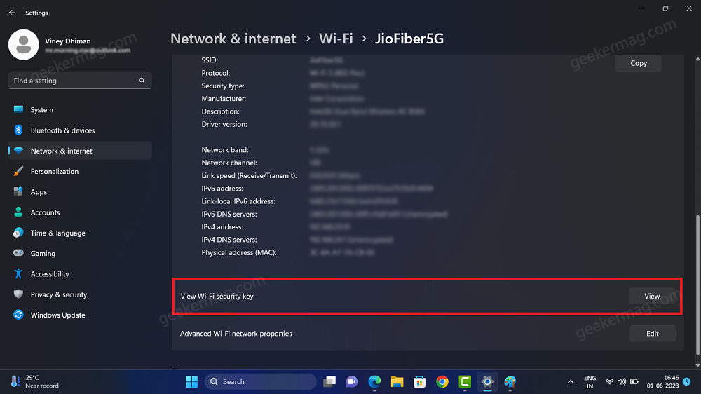 view wifi security key in windows 11 settings