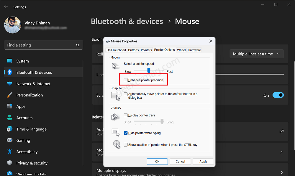 Mouse properties: enhance pointer precision to turn off mouse acceleration