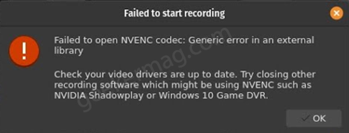 Failed to start recording: failed to open nvenc codec: generic error in an external library