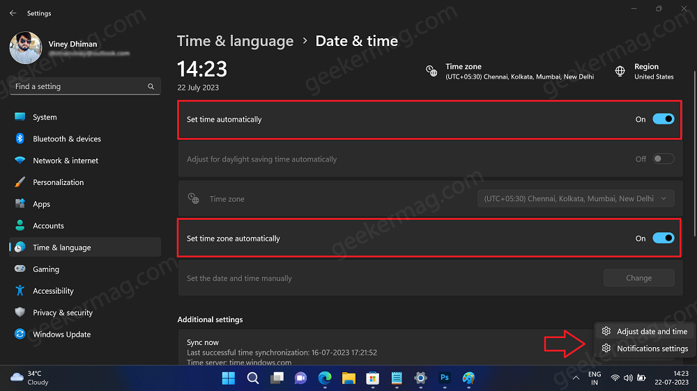 Check Date and Time Settings in windows 11 and windows 10