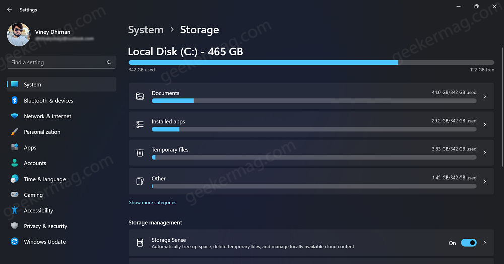 Windows 11 storage settings page