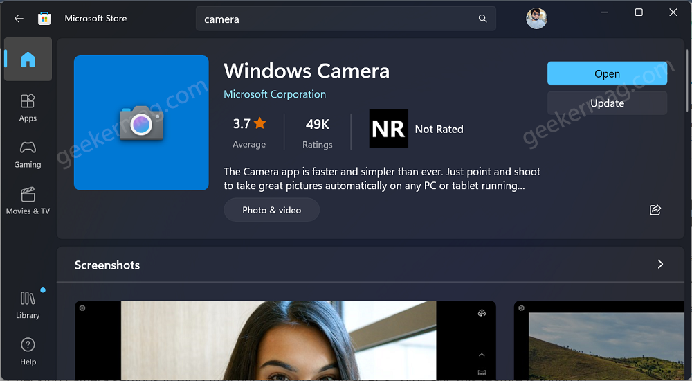 Reinstall the Camera app from the Microsoft Store: