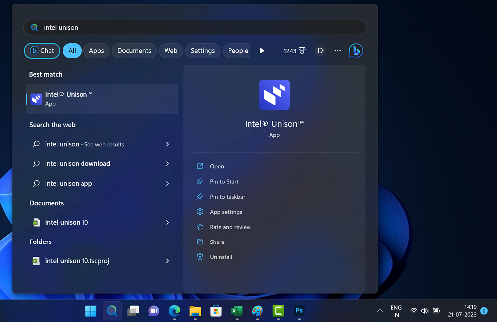 search and open intel unison app on windows 11 pc