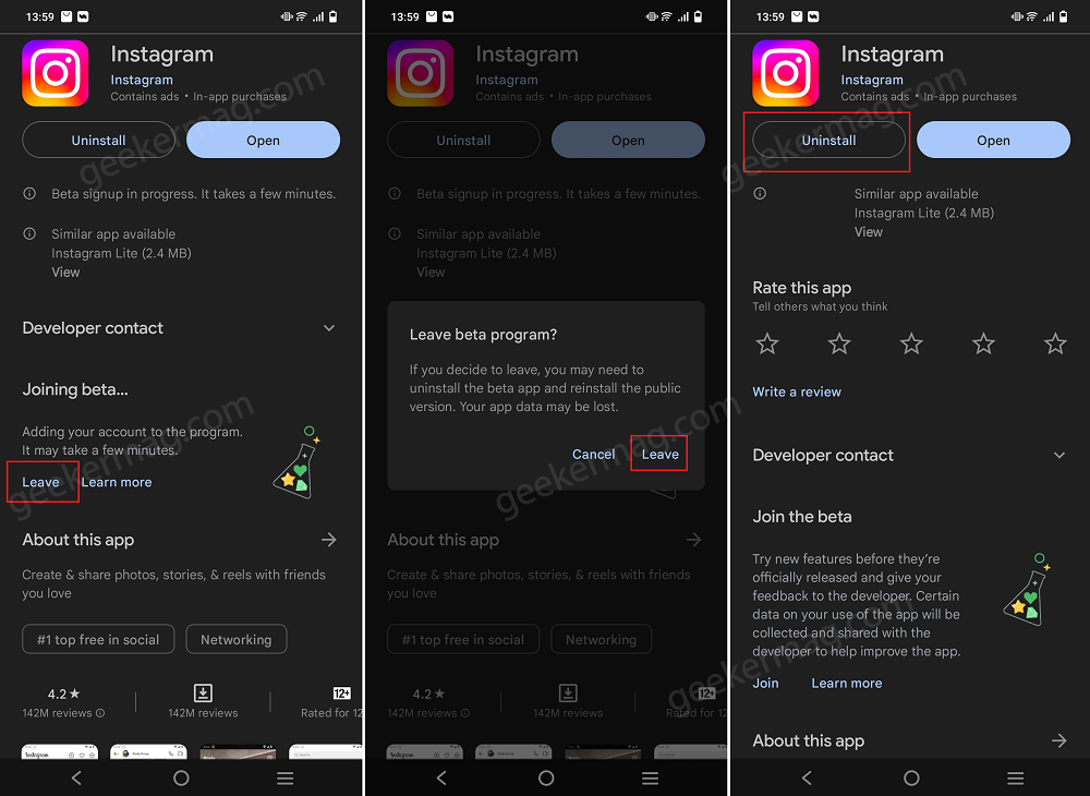 remove instagram beta test and install instagram stable