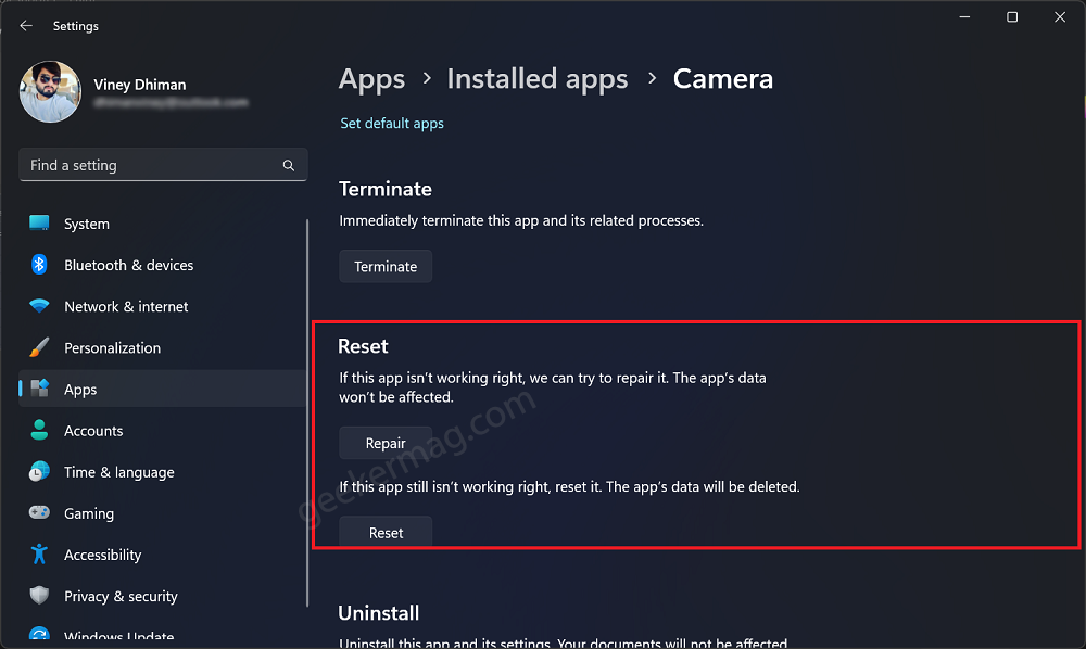 reset camera app in windows 11