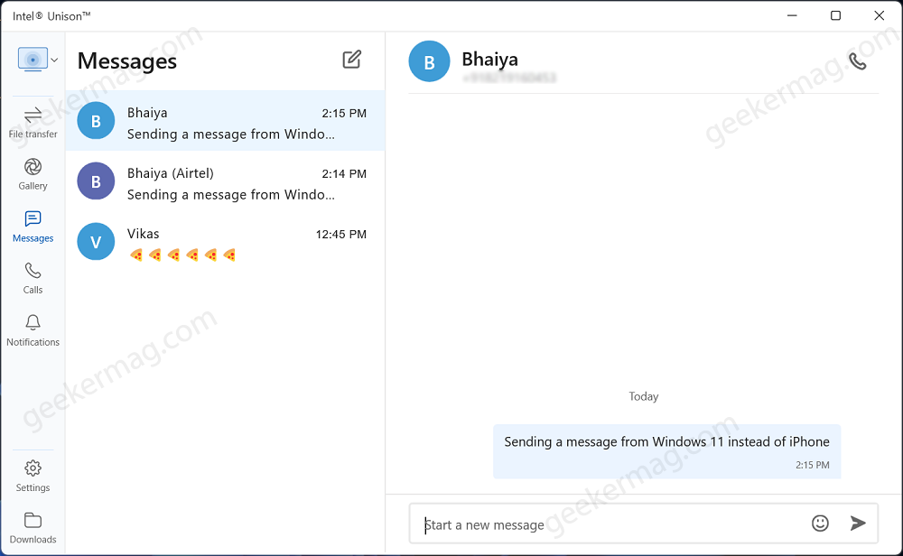 send a imessage on windows 11 using intel unison