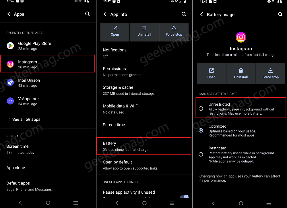 set instagram battery usage to unrestricted