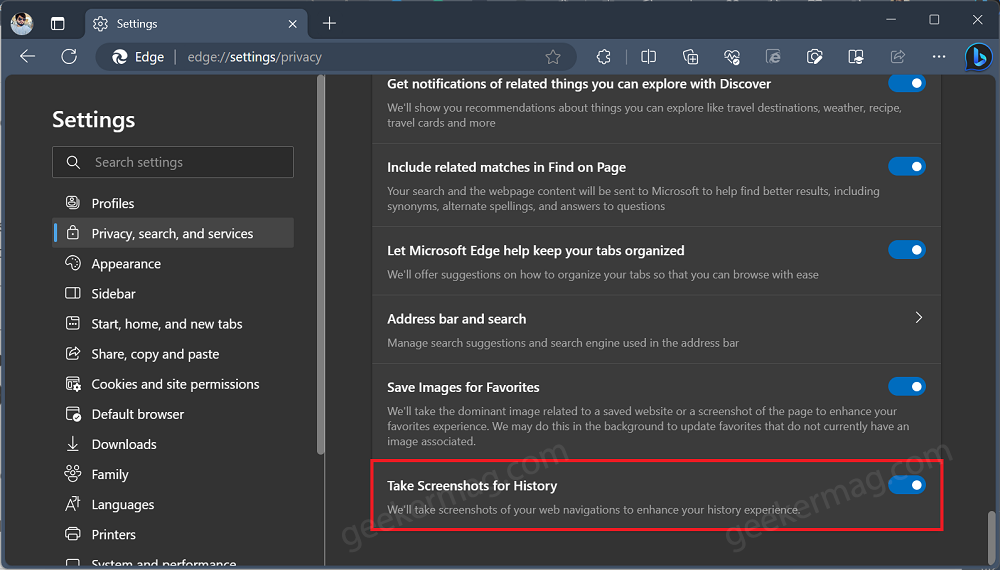take screenshots for history option in microsoft edge