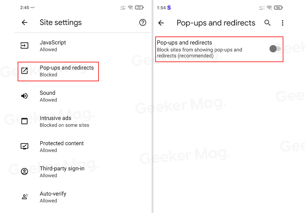 Disable Pop-ups and redirects in chrome 