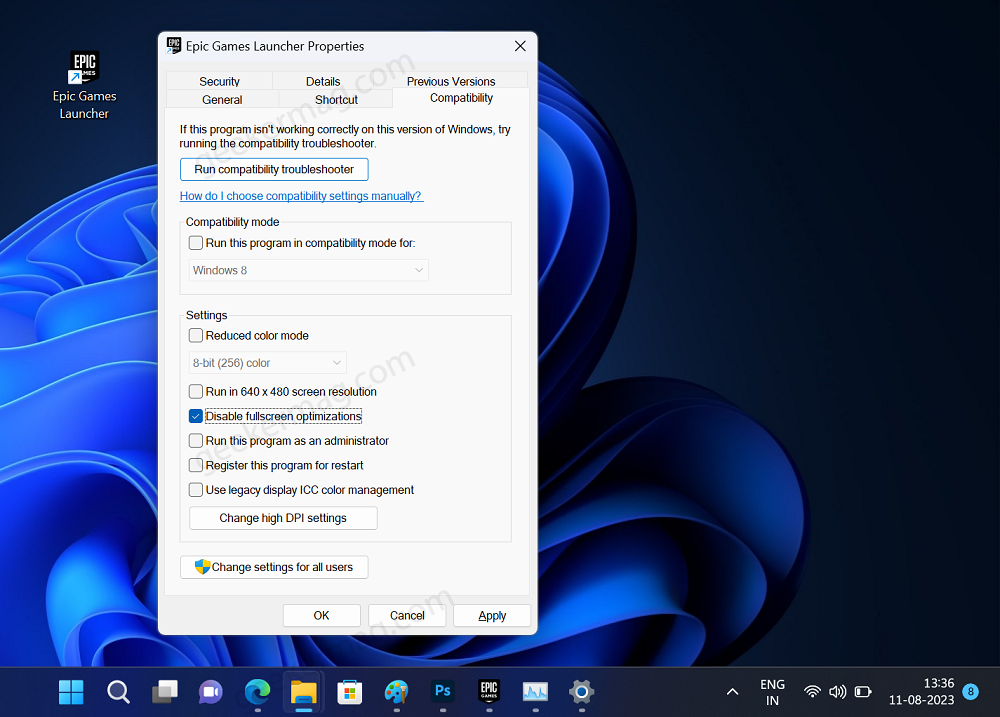 Disable Fullscreen Optimization for Epic game launcher