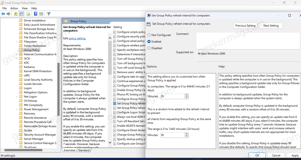 Group Policy refresh interval for computers