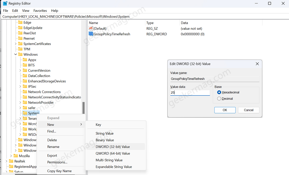 Group Policy Time Refresh dword value in Registry Editor