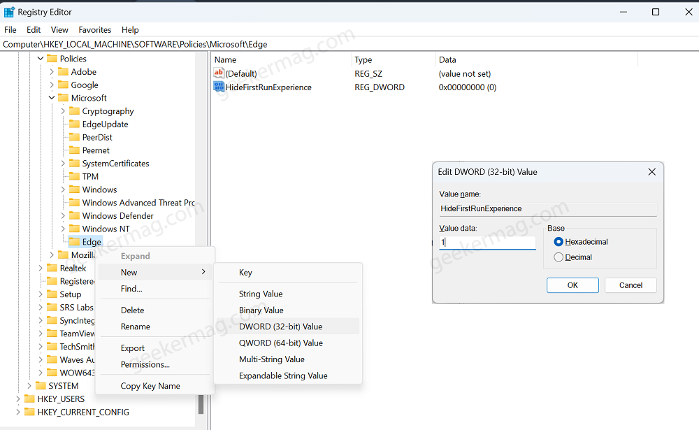 create dword value hidefirstrunexperience in registry editor
