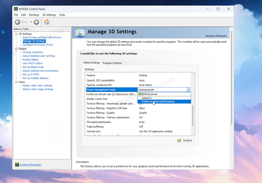 Manage Power Management mode in NVIDIA Control Panel