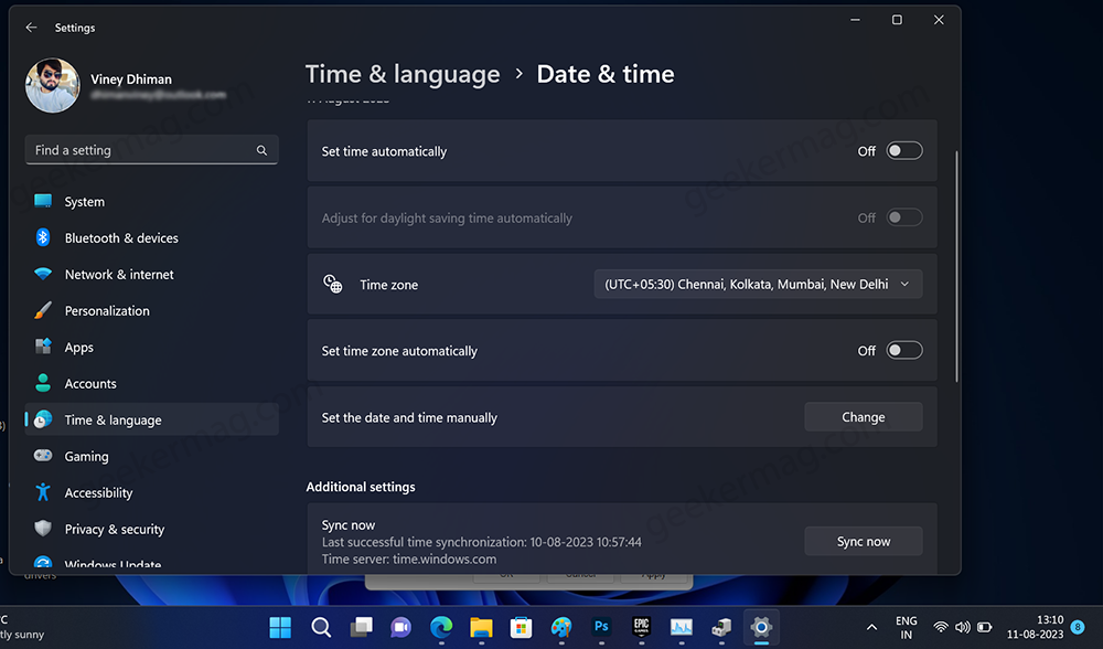 Adjust date and time in windows 11